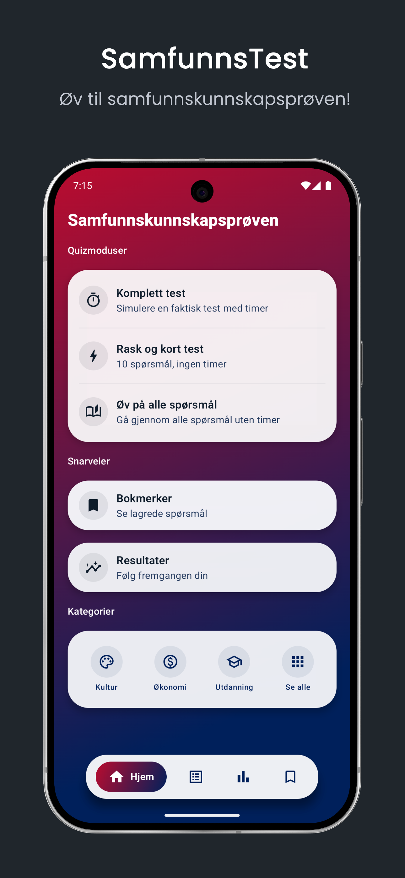 Samfunnskunnskap prøve app med temaoversikt